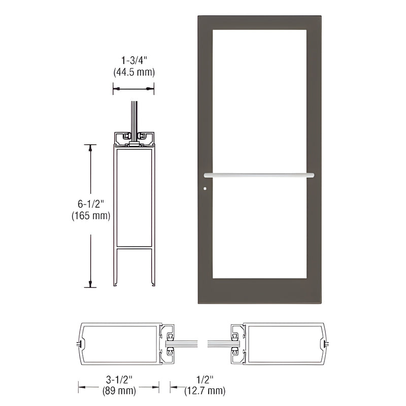 Technical diagram showing the profile dimensions and elevation view of a Series 400 medium stile center pivot entrance door in black bronze anodized finish.