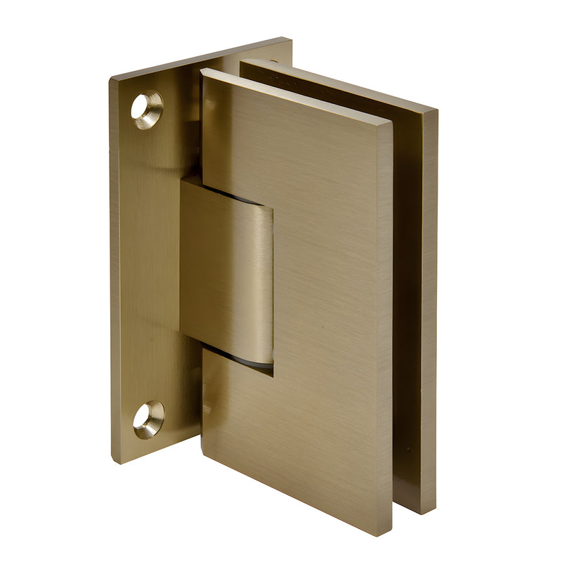 A brushed bronze wall mount shower door hinge shown from a front-facing angle.