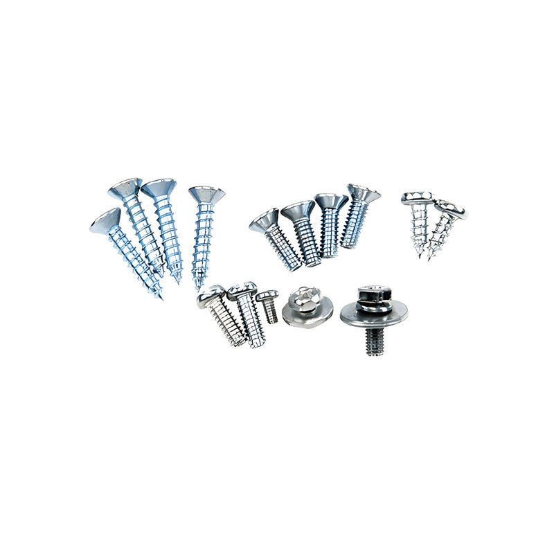 An assortment of various metal screws and fasteners used for installing surface door closers.