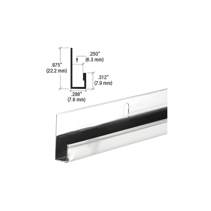 A close-up view of a stainless steel J-channel showing its profile dimensions and a pre-punched mounting hole.