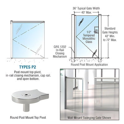 CRL Polished Stainless 1202 Series Custom Post Mounted Gate w/In-Rail Closing Mechanism, Cap Rail, and Open Bottom