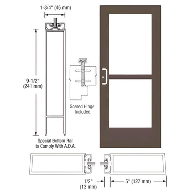 CRL-U.S. Aluminum Bronze Black Anodized Custom Single Series 550 Wide Stile Geared Hinge Entrance Door With Panic for Surface Mount Door Closer