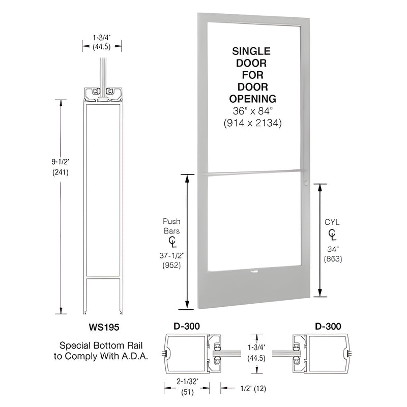 A technical diagram showing the dimensions and components of a 250 Series narrow stile single door with an ADA-compliant bottom rail.