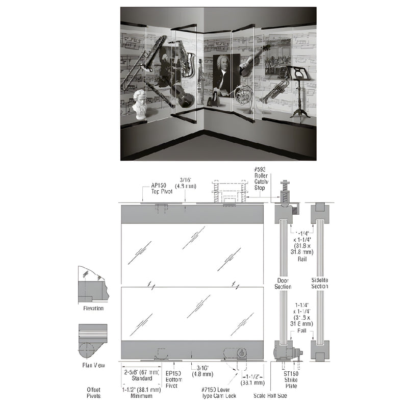 A technical diagram showing the assembly of a CRL-Blumcraft 1301 Series display case door with 1/2-inch tempered glass and gloss black rails.