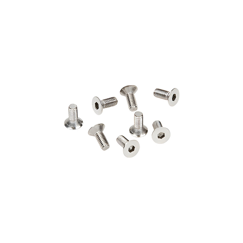 A group of eight stainless steel flat head screws with a polished chrome finish and hex drive style.