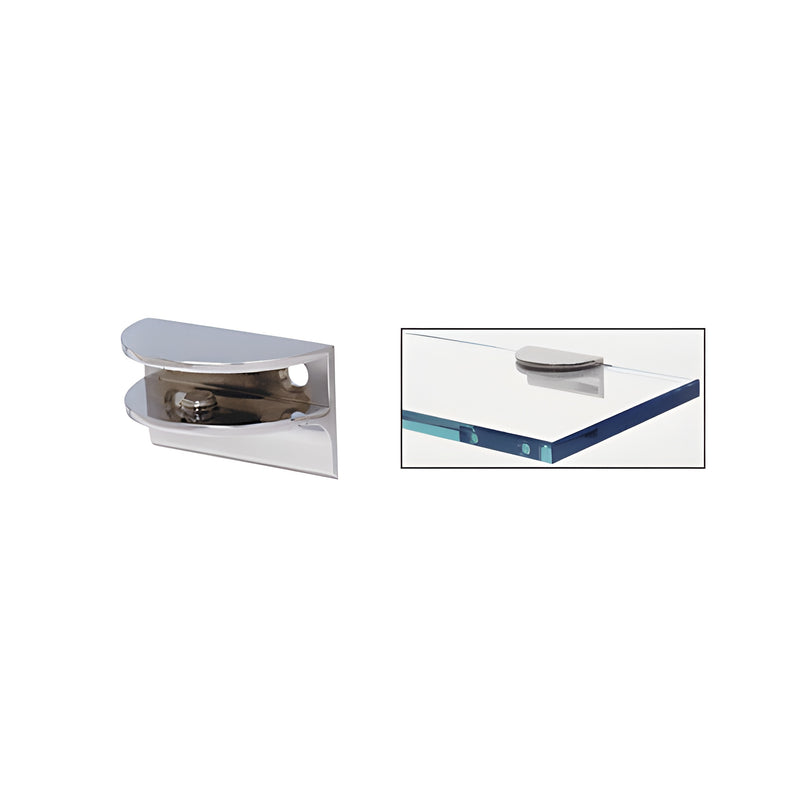 A polished chrome rounded shower shelf clamp with a support leg shown individually and installed on a glass shelf.