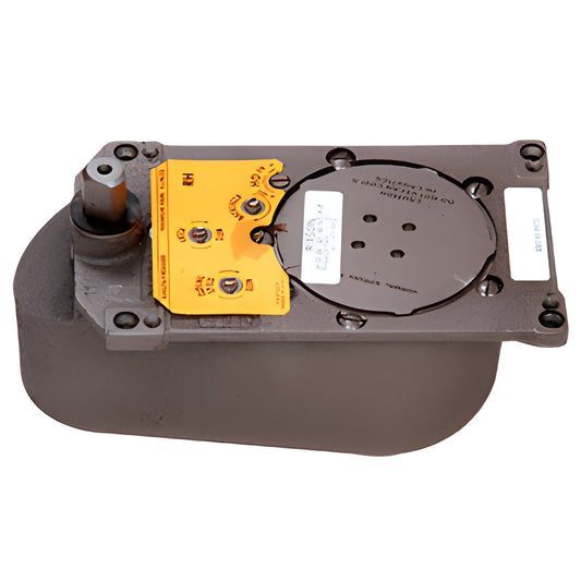 Rixson Model 27 offset floor closer (SKU 27105SH0RHB0DY) brown metal body with orange adjustment plate and spindle