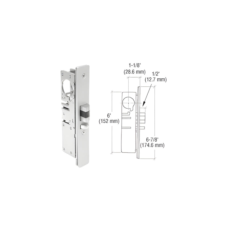 A steel narrow stile deadlatch lock shown alongside a technical diagram detailing its 1-1/8 inch backset and 1/2 inch latch throw.