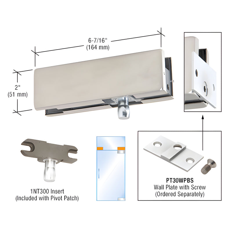 A DORMAKABA wall-mounted transom patch fitting in brushed stainless steel shown with its 1NT300 insert and dimensions.