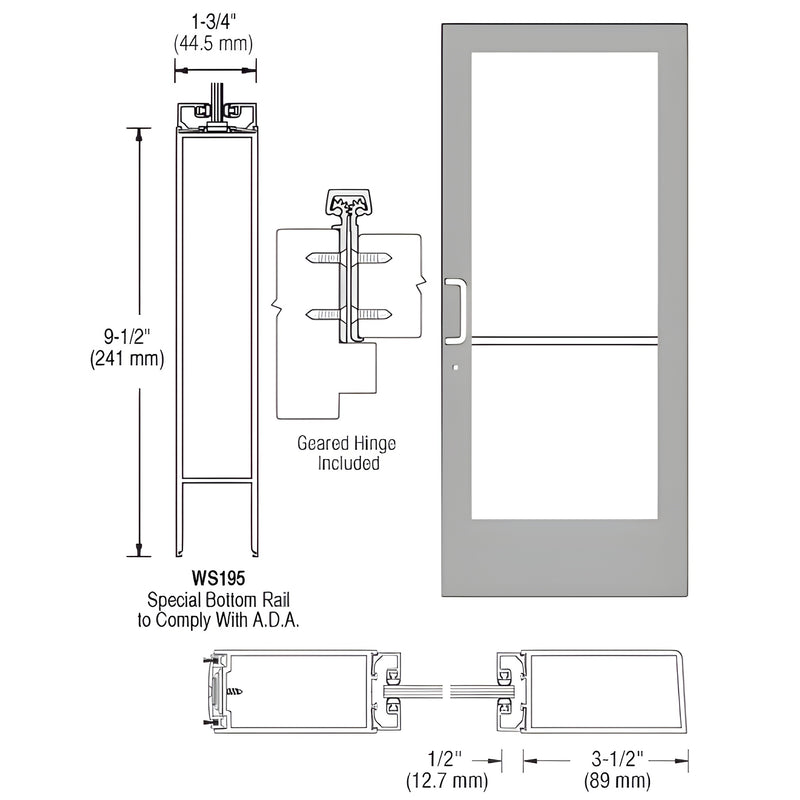 Technical diagram showing the profile and dimensions of a 400 Series medium stile active leaf door with a 9-1/2 inch bottom rail and geared hinge.