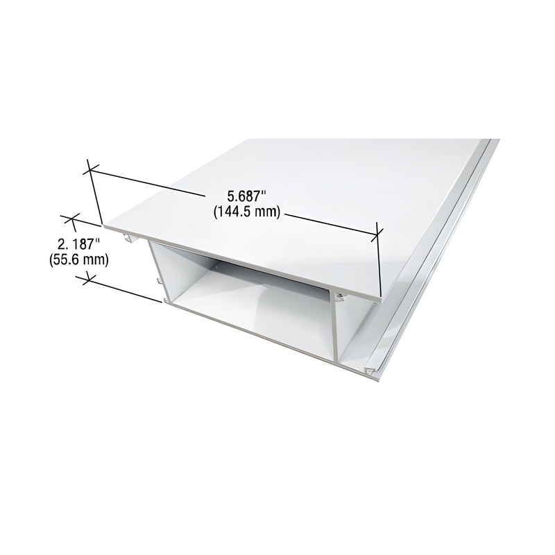 A cross-section view of a white Kynar aluminum top door rail showing its 5.687-inch width and 2.187-inch height dimensions.
