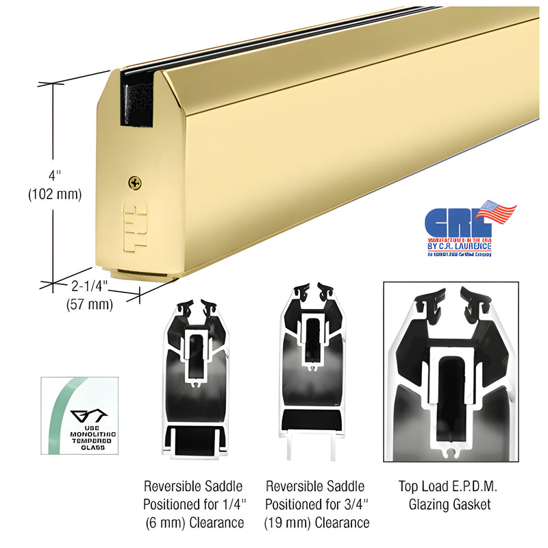A polished brass tapered sidelite rail shown with cross-section diagrams of the reversible saddle and top load E.P.D.M. glazing gasket.