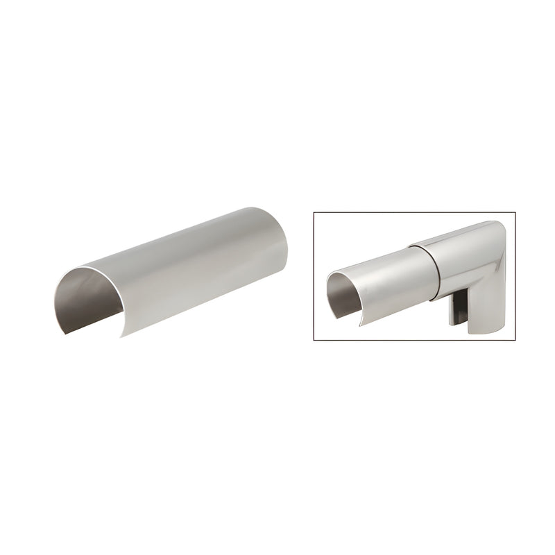 A stainless steel 3-1/2 inch connector sleeve shown alone and installed on a corner cap railing component.