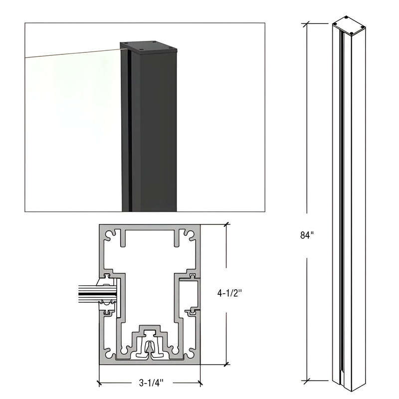 A technical diagram showing the 84-inch height and cross-section profile of the matte black aluminum end post.