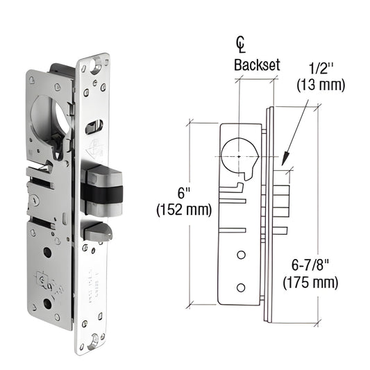 Adams Rite AR45134L left-hand chrome deadlatch lock with 1/2" throw and dimensional diagram