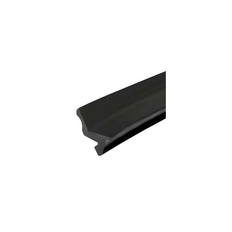 A close-up view of a black vinyl glazing gasket strip designed for 1/2 inch and 9/16 inch glass.