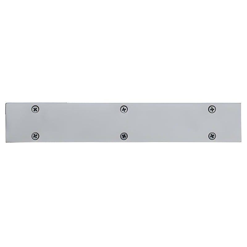 A rectangular metal tube end cap with a mill finish and six visible mounting screws.