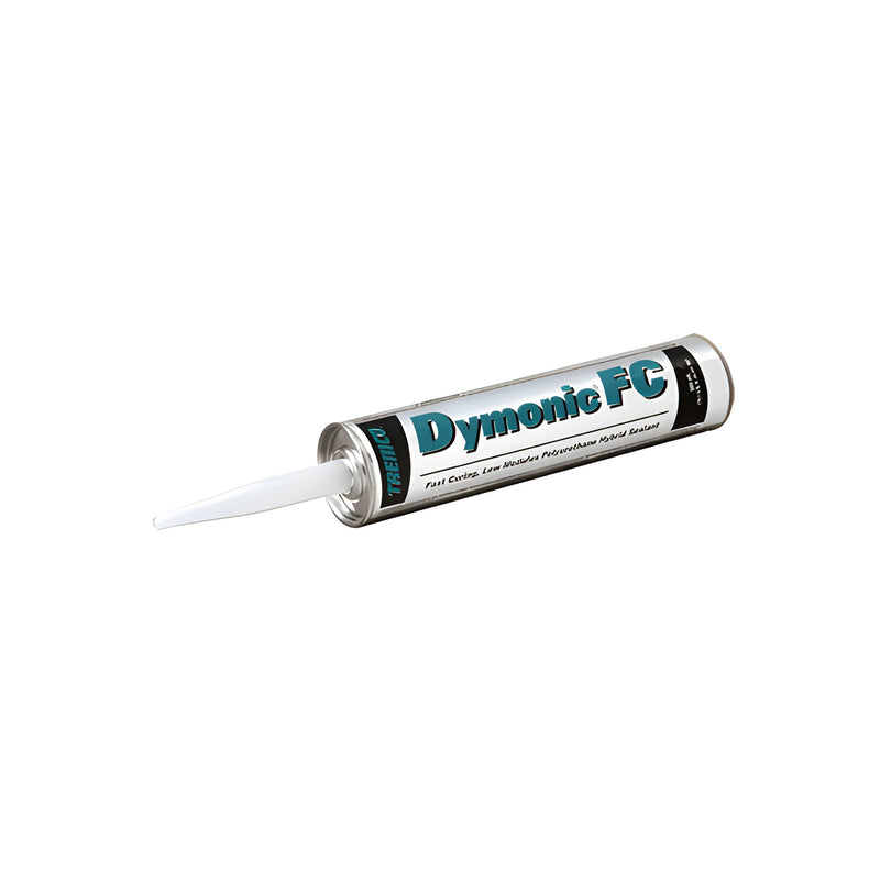 A 10.1 oz. cartridge of Tremco DyMonic FC polyurethane sealant in an aluminum finish with a white applicator nozzle.
