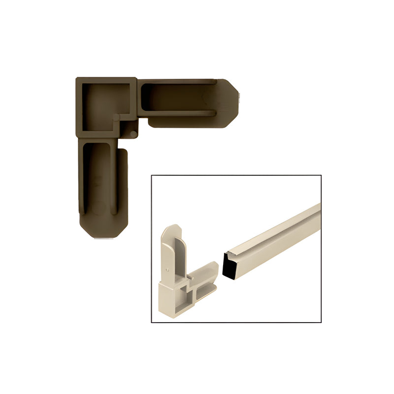 A bronze plastic square cut screen frame corner connector shown individually and being inserted into a frame rail.