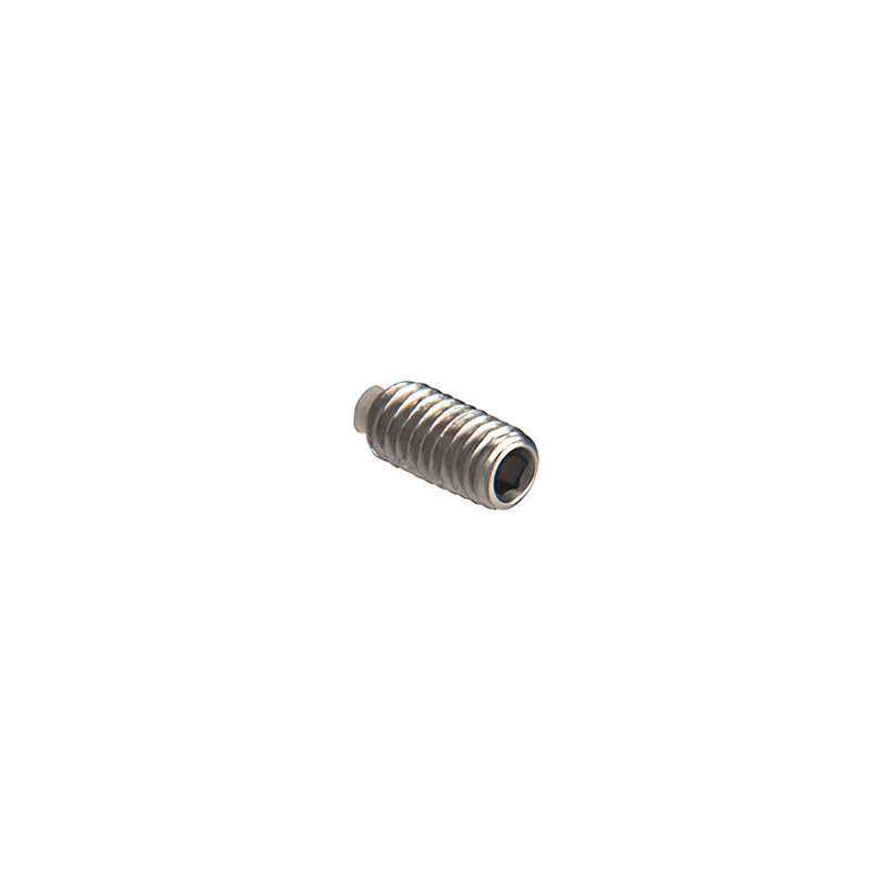A close-up view of a stainless steel set screw with a hexagonal drive head used for 3/8 inch glass cable systems.