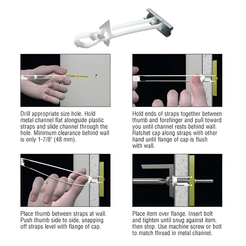 A CRL Snaptoggle 3/8"-16 anchor shown with a four-step instructional diagram demonstrating how to install the toggle bolt into a wall.