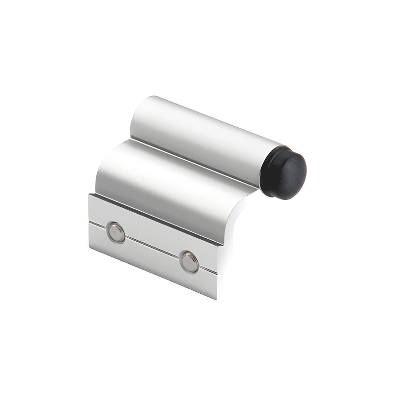 A polished stainless steel top track stop featuring a black rubber bumper for sliding door systems.