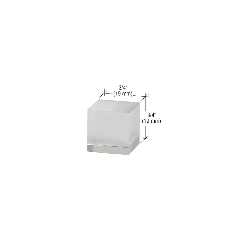 A clear, square-shaped UV bond shelf support measuring 3/4 inch by 3/4 inch.
