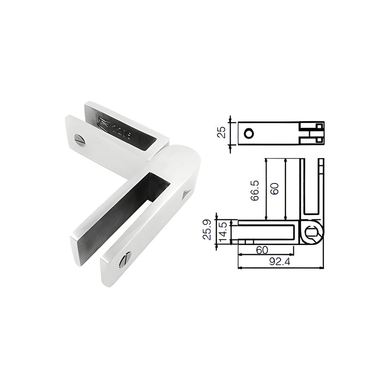 A polished stainless steel adjustable glass-to-glass bracing clamp shown next to a technical dimension drawing.