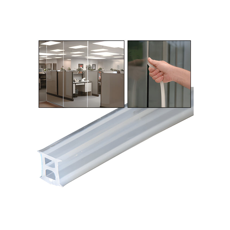 A close-up of the clear extruded silicone soundstrip gasket shown alongside images of it being installed between glass office partitions.