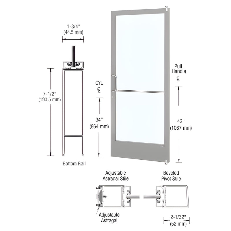 Technical diagram showing a 3'0 x 7'0 narrow stile aluminum door with a 7-1/2" bottom rail and pivot hardware details.