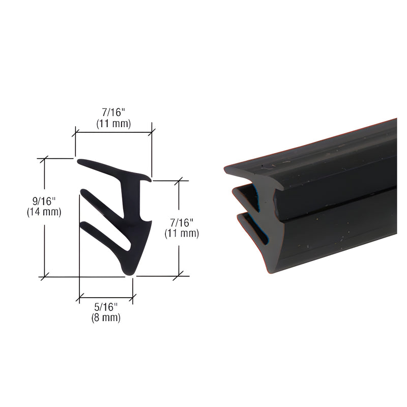 A technical diagram and close-up view showing the profile shape and dimensions of the black roll-in glazing gasket.