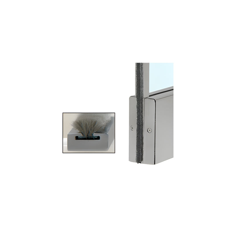 A close-up view of a brushed stainless steel aluminum channel with a grey brush weatherstrip installed on a square rail system.