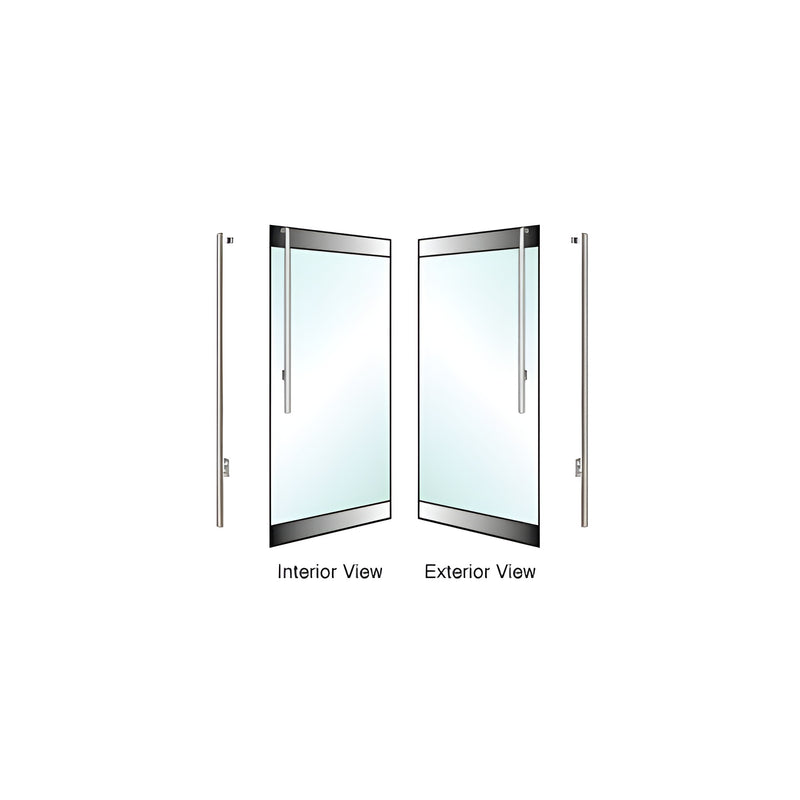 A diagram showing the interior and exterior views of a left hand reverse rail mount dummy handle on a glass door.