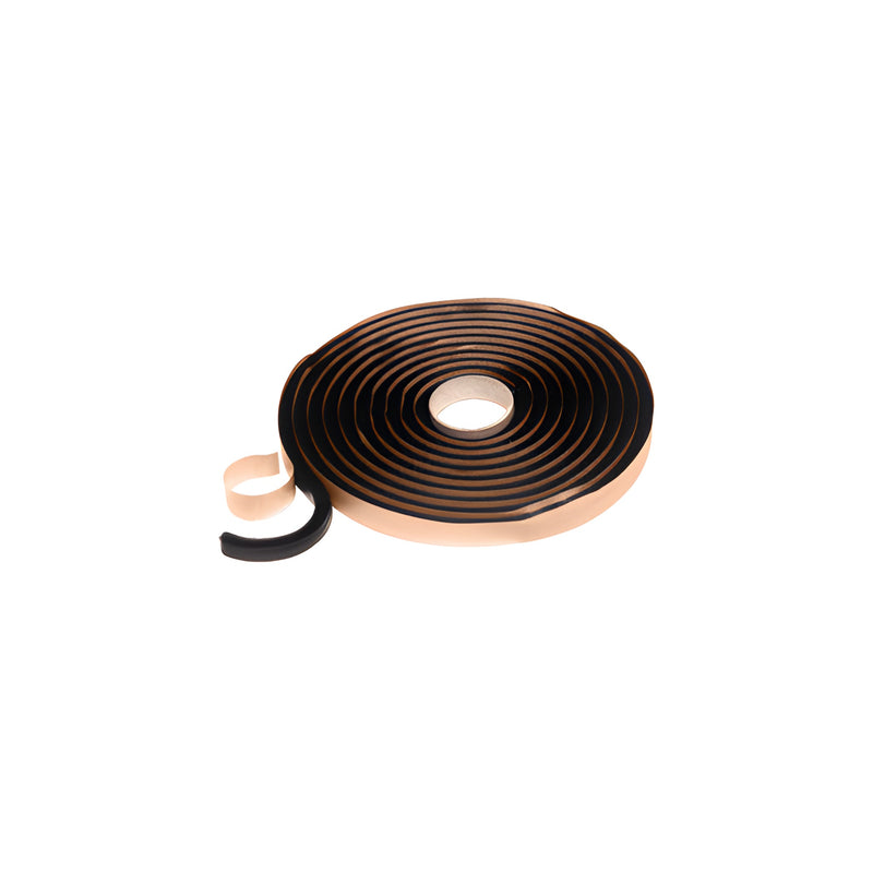 A coil of black square-profile butyl autoglass tape with a protective paper backing.