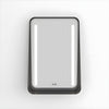 A front view of the rectangular backlit LED mirror featuring two vertical light bars and a bottom shelf.