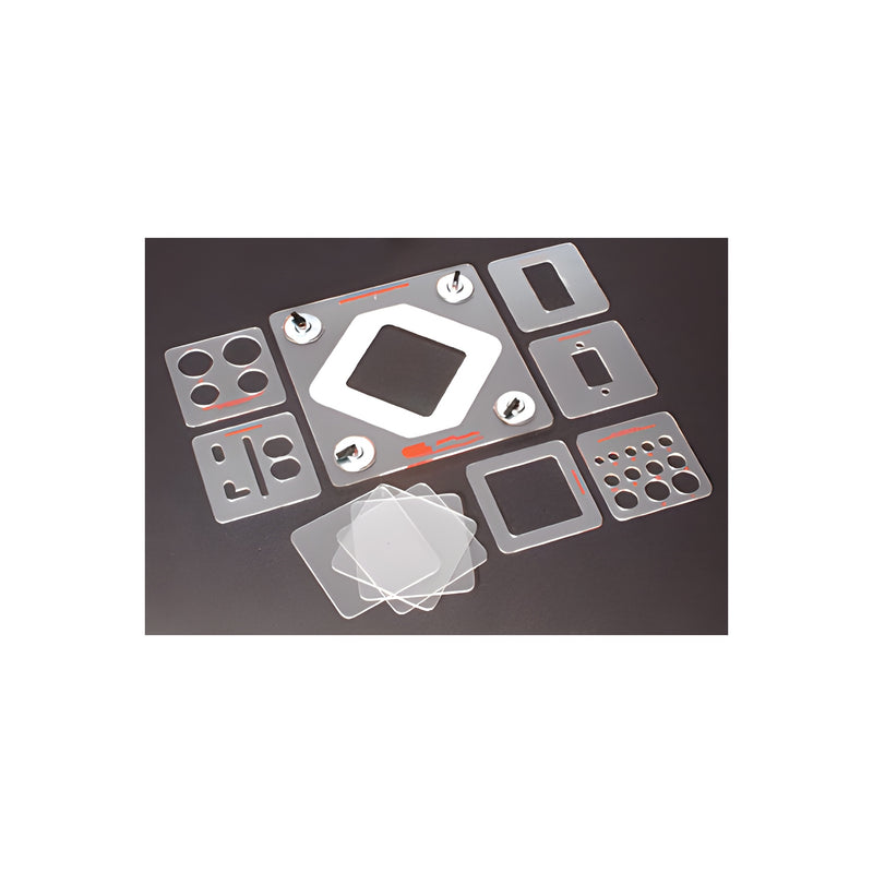 A collection of clear acrylic router templates and a main mounting plate for the CRL Glass Router Template System.