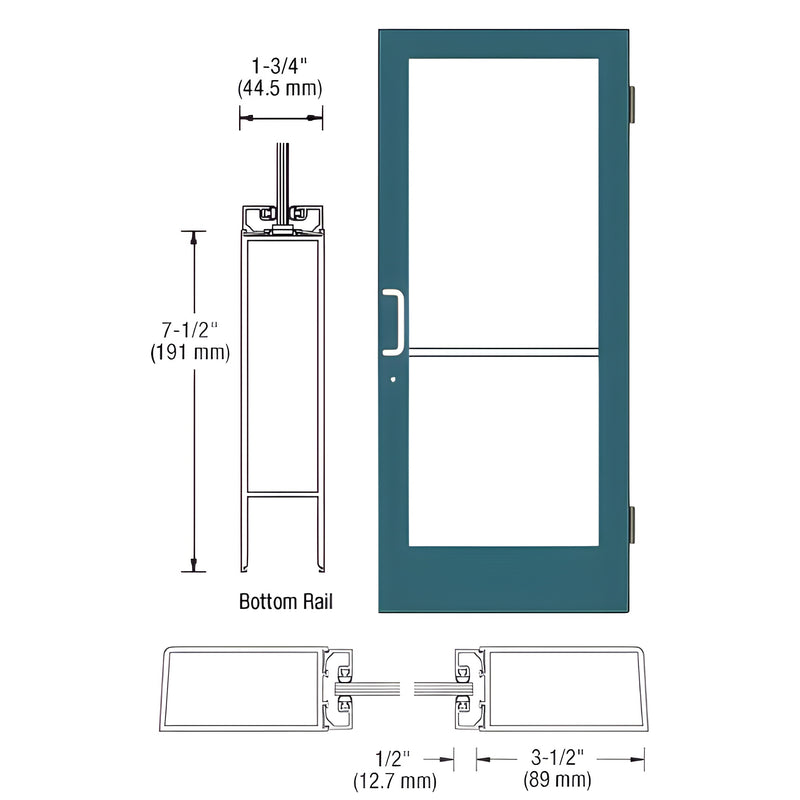 Technical diagram showing the profile, bottom rail dimensions, and elevation of a Series 400 medium stile butt hinged entrance door.