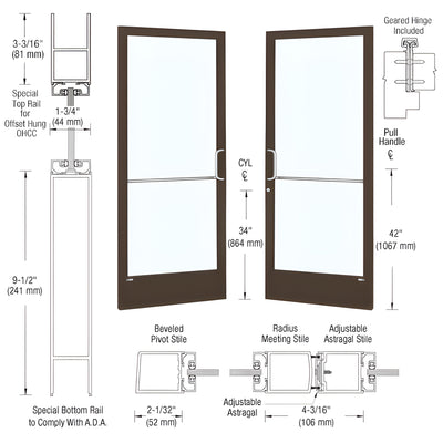 CRL-U.S. Aluminum Bronze Black Anodized Custom Pair Series 250 Narrow Stile Geared Hinged Entrance Doors for Overhead Concealed Door Closers