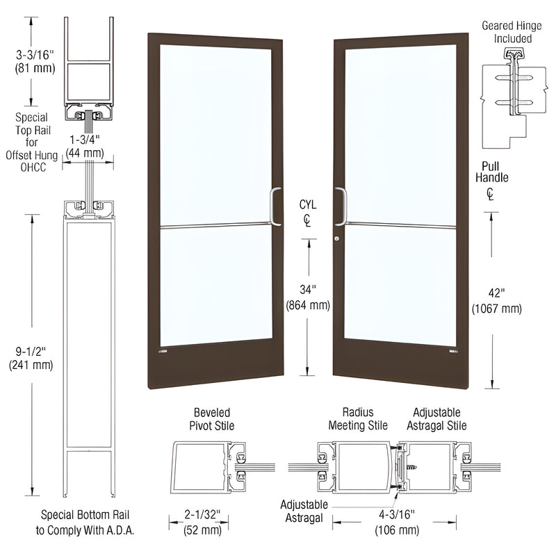 A technical diagram showing a pair of black bronze anodized narrow stile entrance doors with geared hinges and overhead concealed door closer components.