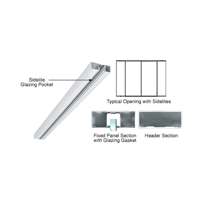 A technical diagram showing the CRL 4-inch satin anodized header profile with a glazing pocket for 3/8-inch to 1/2-inch glass panels.