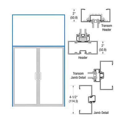 CRL-U.S. Aluminum Dark Bronze/Black Anodized Class 1 2" x 4-1/2" Open Back Transom Frame for Pair Doors Prepped for Pair Butt Hinges, Concealed Vertical Rod Panics, Using Surface Mount Closers
