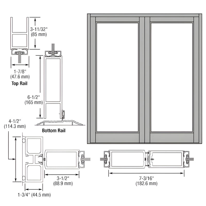 Technical line drawing showing the profile dimensions of a pair of Series 800 Durafront medium stile center hung entrance doors.
