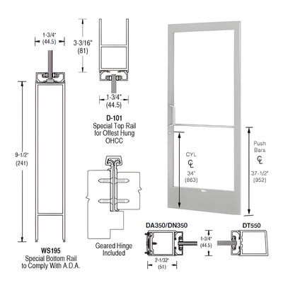 CRL-U.S. Aluminum Clear Anodized 250 Series Narrow Stile Active Leaf of Pair Offset Hung with Geared Hinged for OHCC 105º Closer Complete ADA Door(s) with Lock Indicator, Cyl Guard