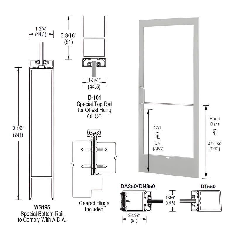 Technical diagram showing the components of a 250 Series narrow stile active leaf door with geared hinge and ADA-compliant rails.