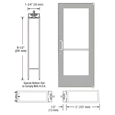 CRL-U.S. Aluminum Clear Anodized 550 Series Wide Stile Active Leaf of Pair 3'0 x 7'0 Offset Hung with Pivots for Surf Mount Closer Complete Door Std. Lock and 9-1/2" Bottom Rail