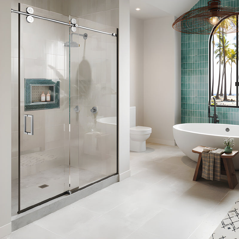 A modern bathroom features the CRL Crescent Series sliding glass shower door system with polished stainless steel hardware.