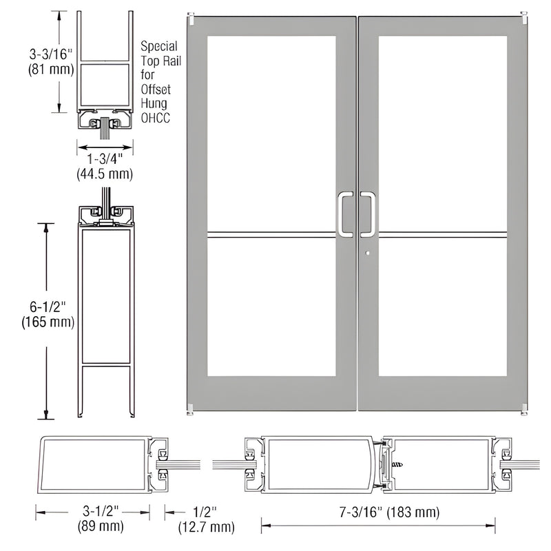 Technical diagram showing the profile dimensions and elevation of a pair of Series 400 medium stile offset pivot entrance doors.