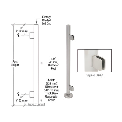 CRL Brushed Stainless Steel Round 42" Tall End Post Kit With Square Clamps
