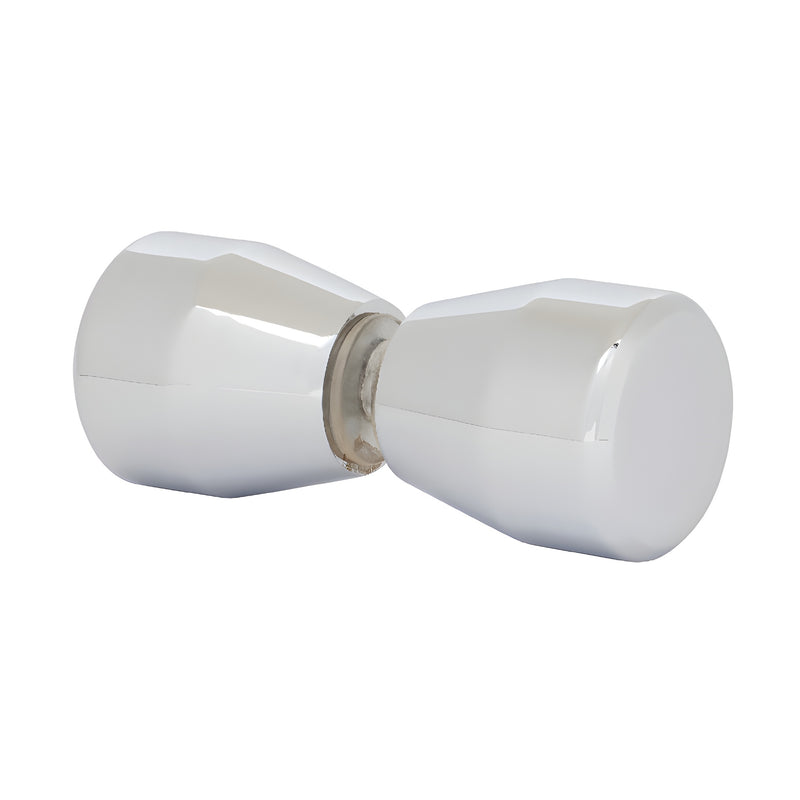 A polished chrome bow-tie style knob for glass shower enclosures shown from an angled perspective.