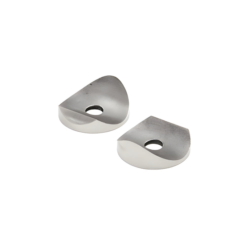 Two polished 316 stainless steel coped 90 degree adapter fittings with a 1-3/4 inch base diameter.